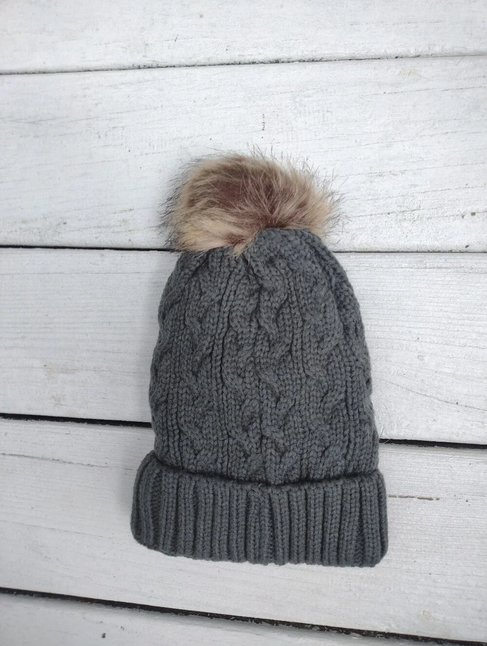 Gray Knit Womens Pom Puff Hat